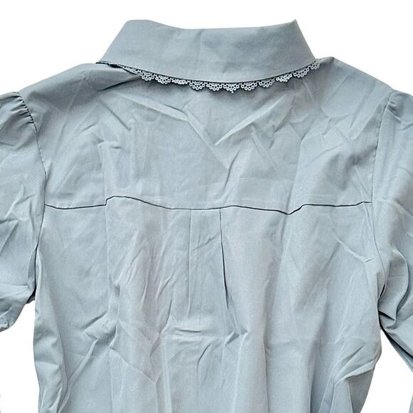 🔴2 for 60🔴 blouse button up long-sleeve blue gray pleated lace trim size M. - Picture 10 of 16